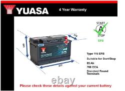 EFB Car Battery YBX7115 Yuasa 115 EFB 760A 85Ah 4Yr WTY 317x175x190 Start Stop