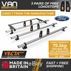 Ford Transit Custom Roof Bars, Low Roof 3 x Roof Bars+Rear Roller, 75.5KG PER BAR